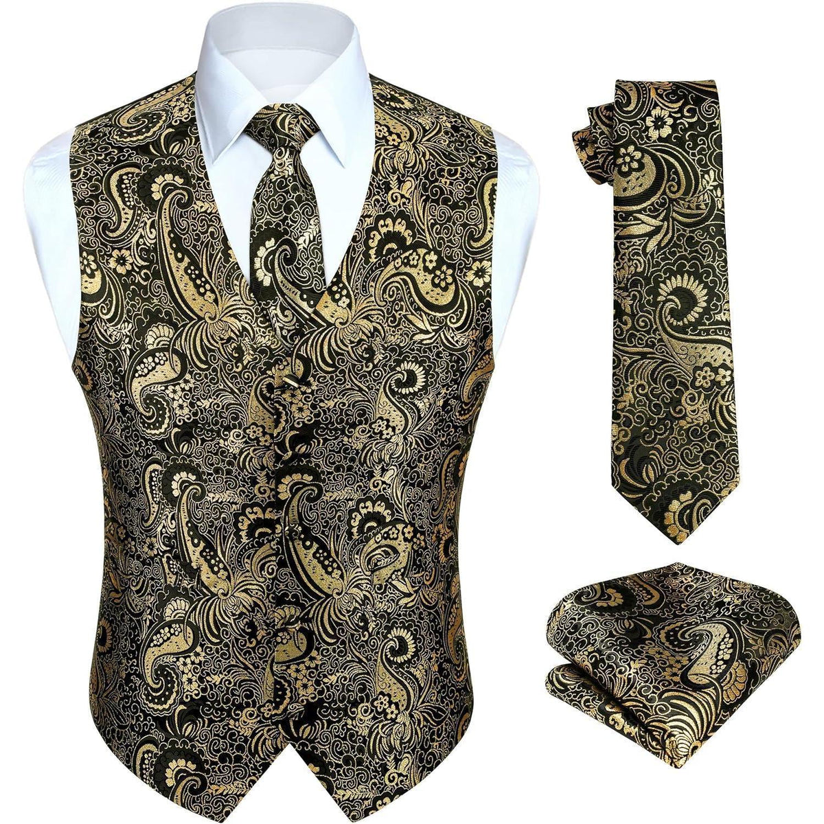 Herren Jacquard Weste Krawatte Einstecktuch Set Gold & Schwarz