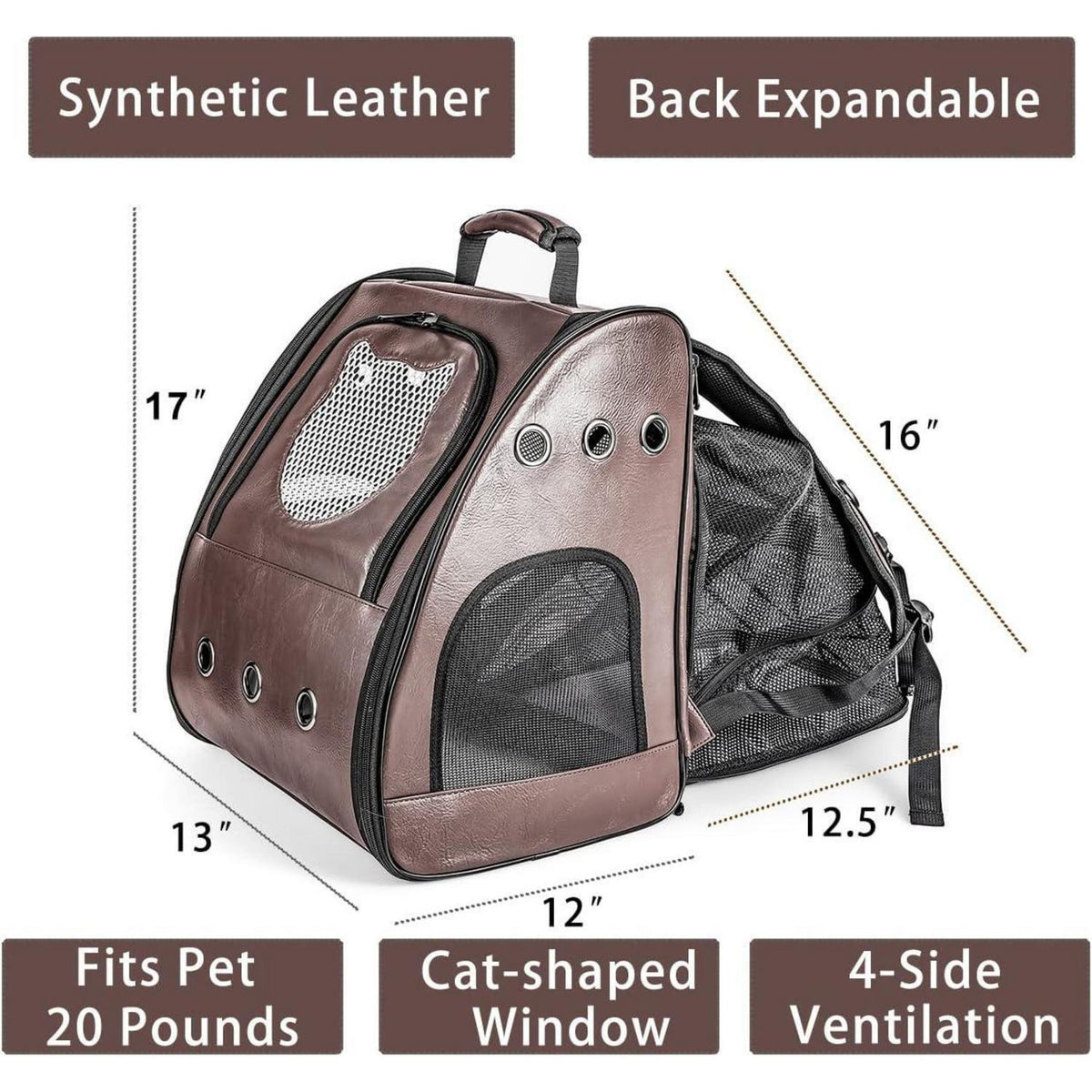 Katzenrucksack Groß, Flugzeuggeeignet, Braun in Lederoptik