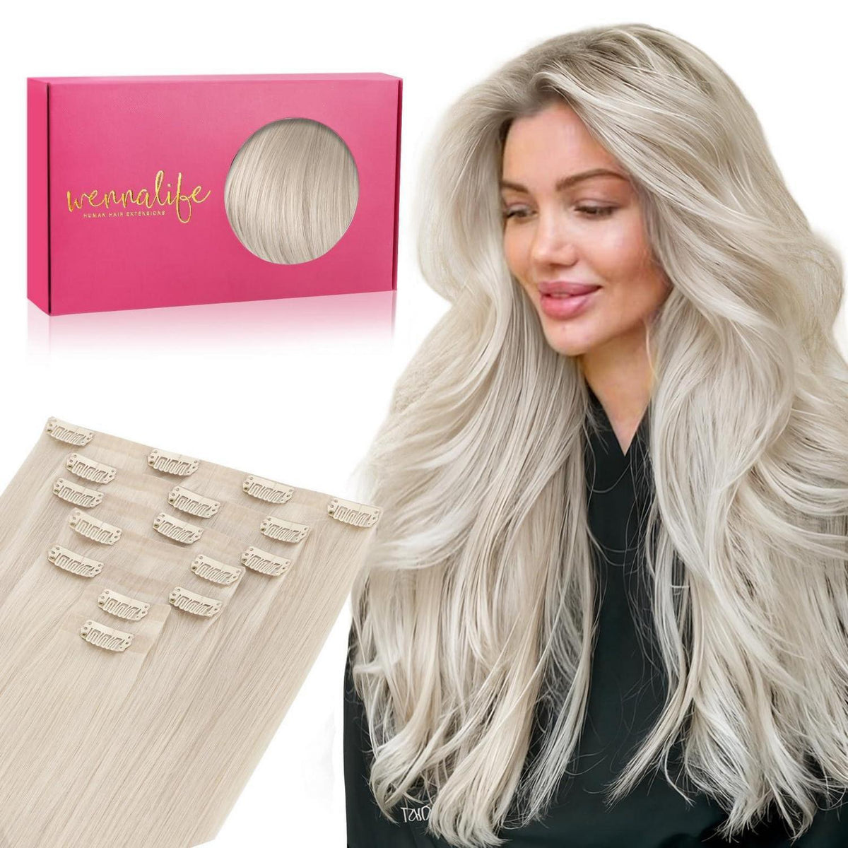 Echthaar Clip-In Extensions Platinblond 50cm - Remy Haarverlängerung