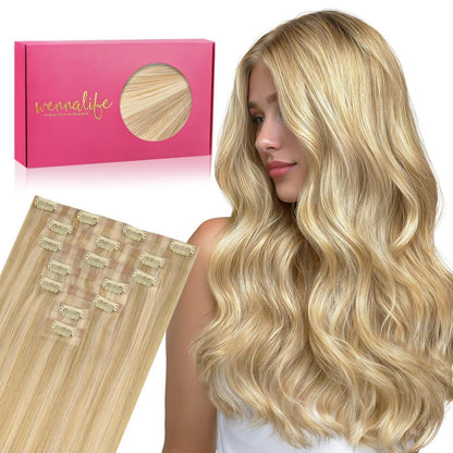 Echthaar Clip-In Extensions Hellblond Highlights 35cm