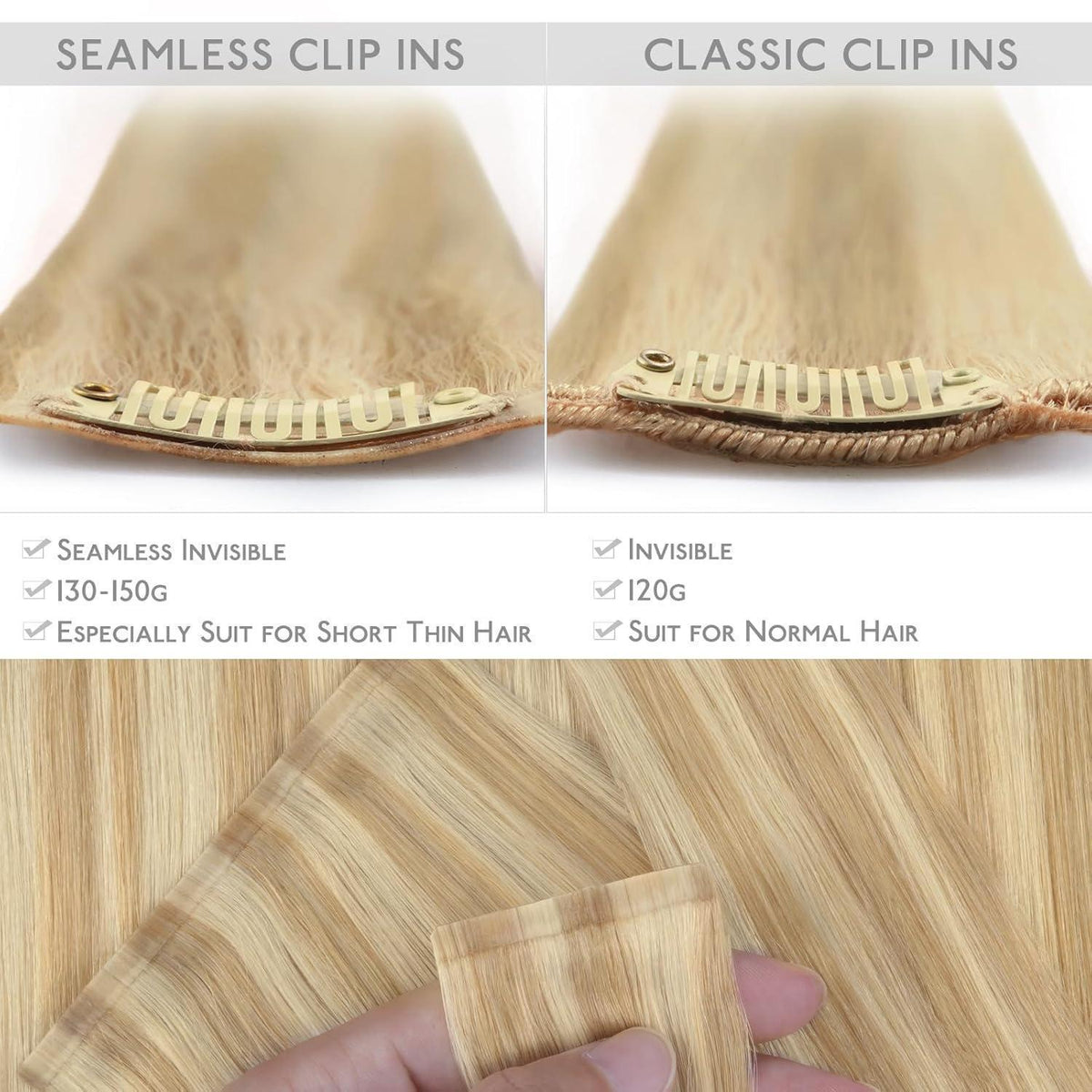 Nahtlose Clip-In Echthaarverlängerungen 40cm Hellblond Highlights