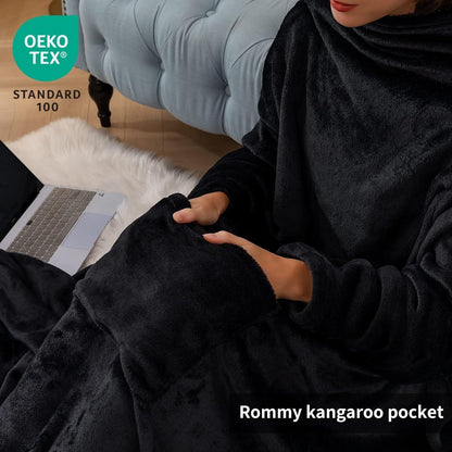 Kuscheldecke mit Ärmeln & Fußtasche – Tragbare Decke Schwarz 150x200cm