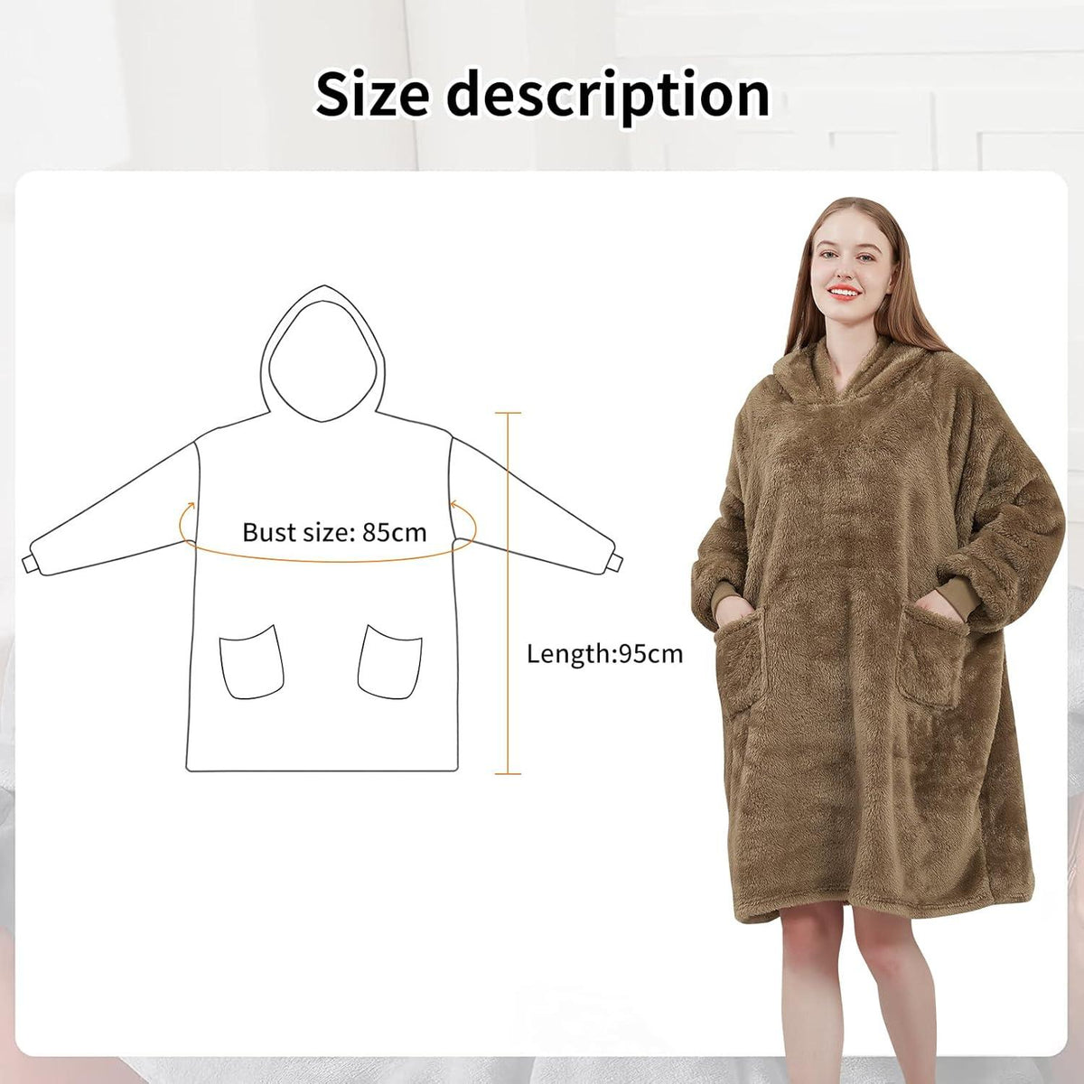 Kuschel Hoodie Decke Damen Ärmel Kapuze Geschenk 95x85 Camel