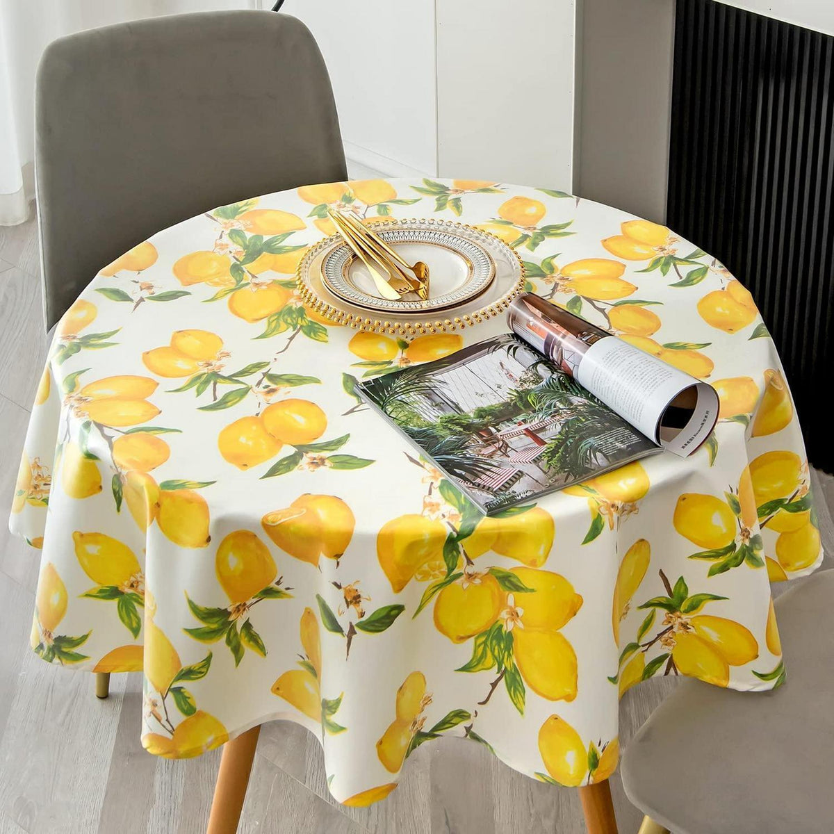 Gelbe Tischdecke Lemon Frühling Sommer | Rund 140 cm, wasserdicht