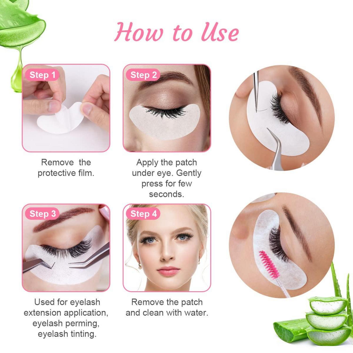 URAQT Augenpads für Wimpernverlängerung, 50 Paar + 10 Wimpernbürsten
