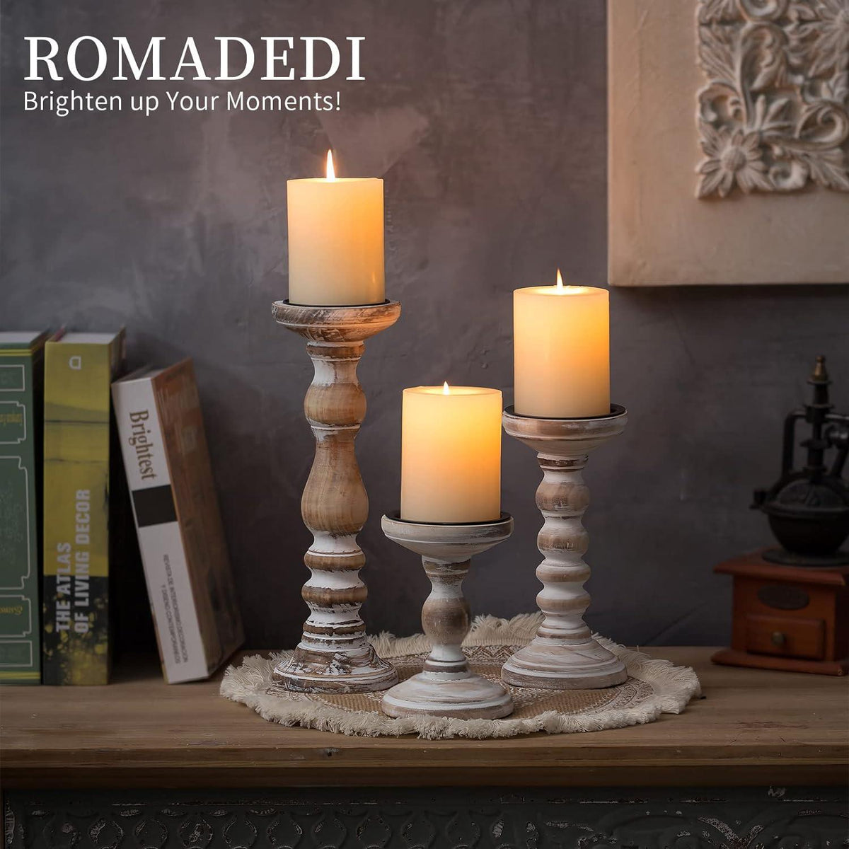 Romadedi Holz Kerzenhalter Set 3er Stumpenkerzen Deko