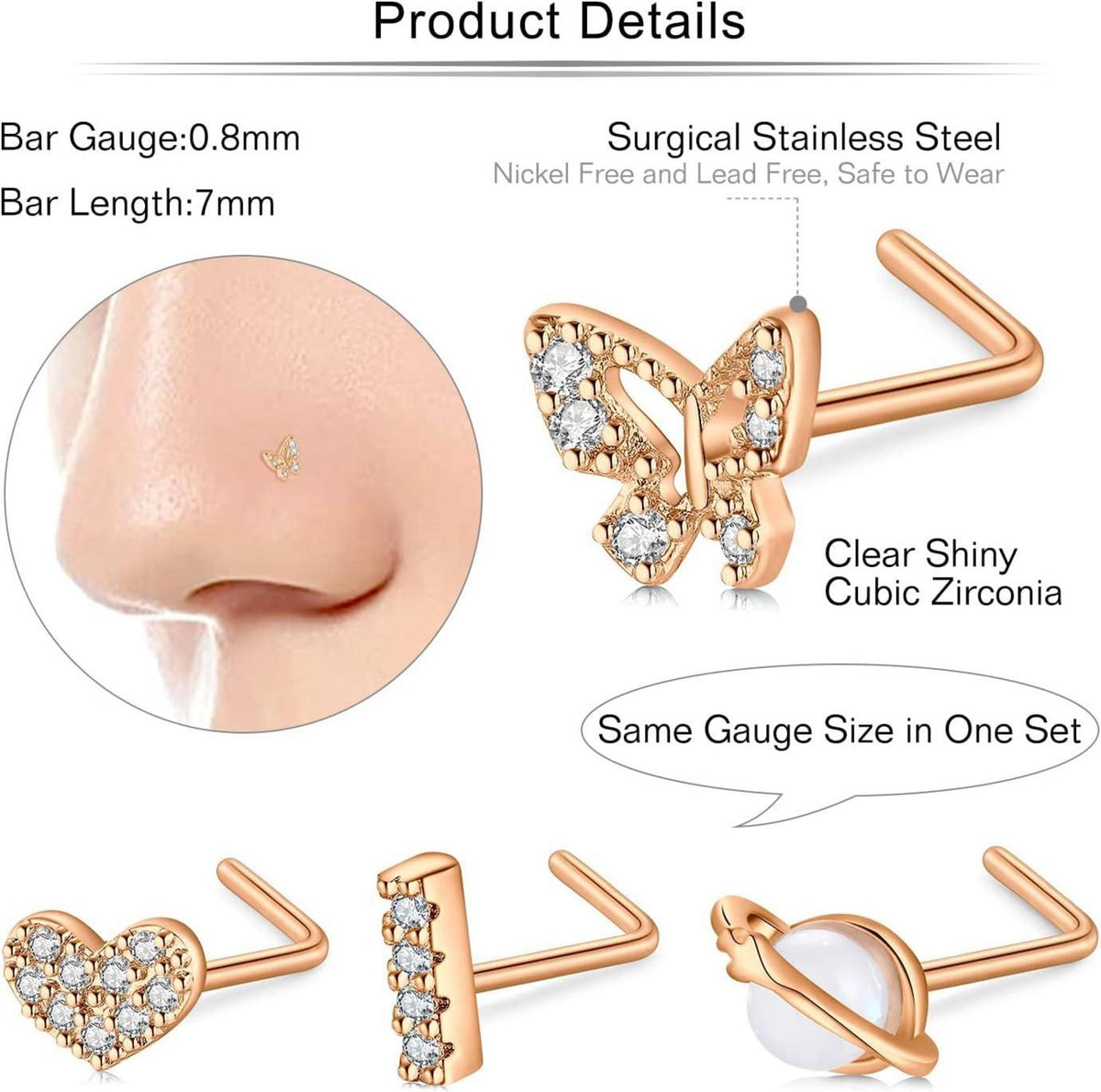 Nasenpiercing Set 20G Chirurgenstahl L-förmig Strass 30Stk