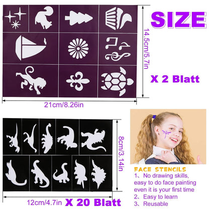 22 Kinder Tattoo Schablonen Set Gesicht Glitzer Aufkleber
