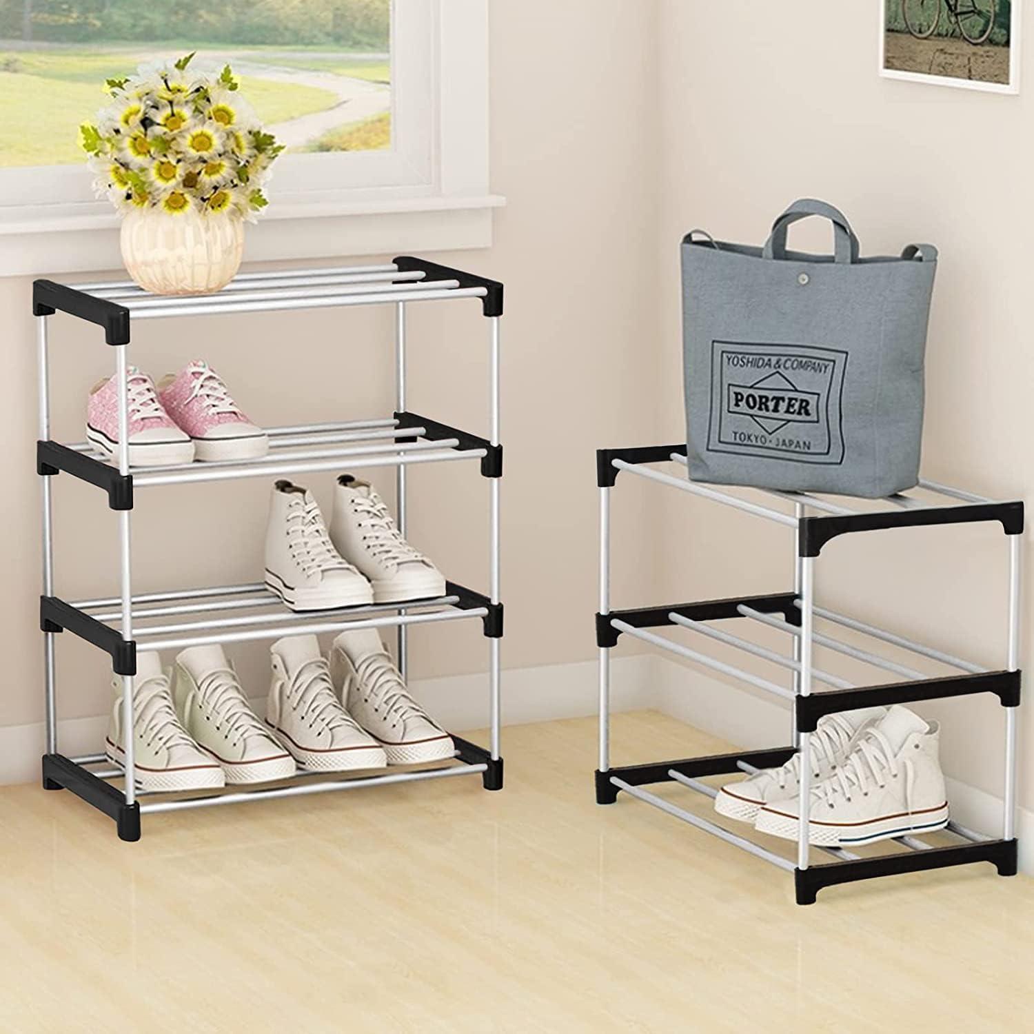 NIAWECAN Kleines stapelbares Schuhregal 3 Ebenen Organizer Schwarz