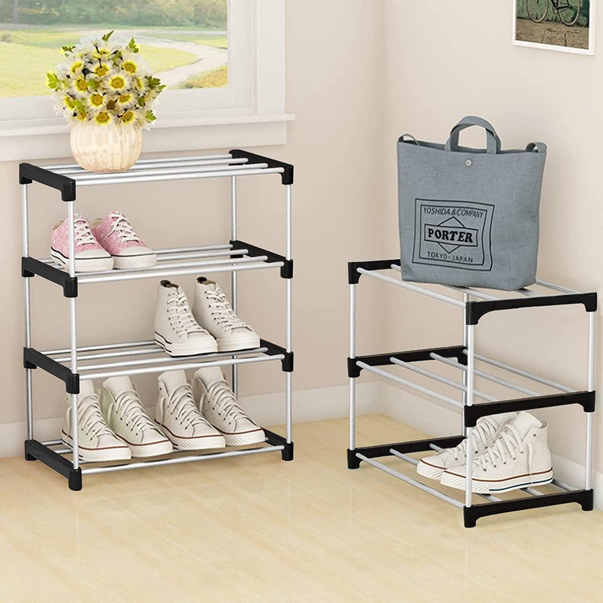 Kleines stapelbares Schuhregal 4 Ebenen Organizer Schwarz