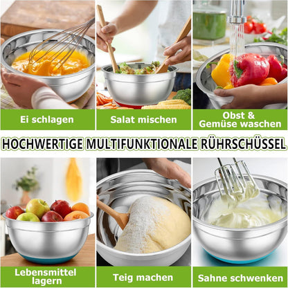 Edelstahl Rührschüssel Set 7-tlg. Luftdichten Deckel Silikonboden Bunt