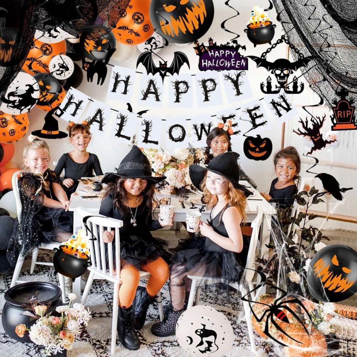 Halloween Deko Set Spiralen Deckendeko Party Stoff Gruselige Girlande Latexballons Spinnen Spinnennetz Decoration Partydeko