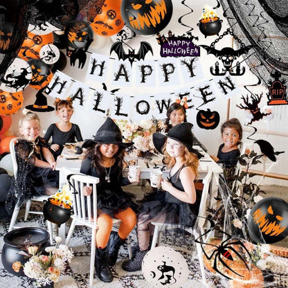 Halloween Deko Set Spiralen Deckendeko Party Stoff Gruselige Girlande Latexballons Spinnen Spinnennetz Decoration Partydeko