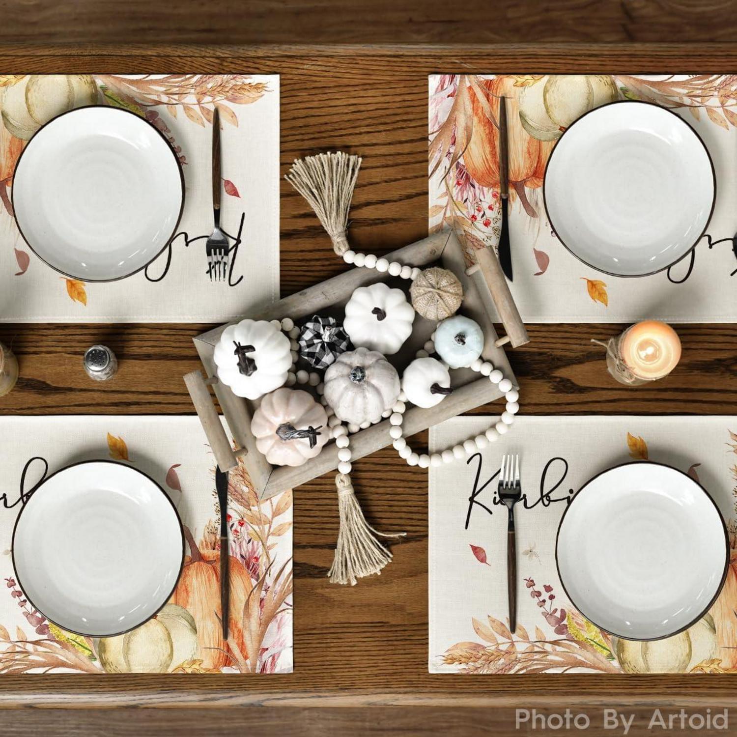 Artoid Mode Herbst Kürbis Blumen Blätter Platzsets 4er Set 30x45cm
