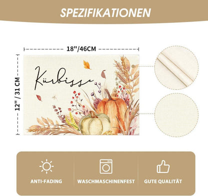 Herbst Platzsets 4er Set Kürbisse Blumen Blätter 30x45cm Tischsets
