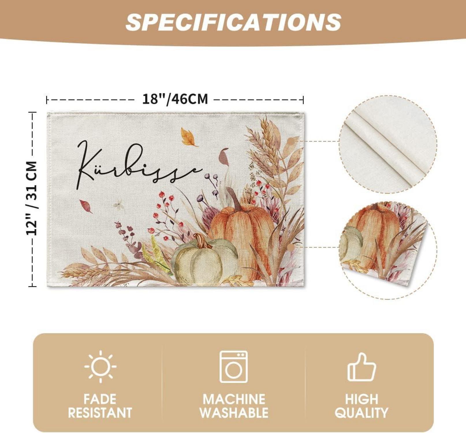 Herbst Platzsets 4er Set Kürbisse Blumen Blätter 30x45cm Tischsets