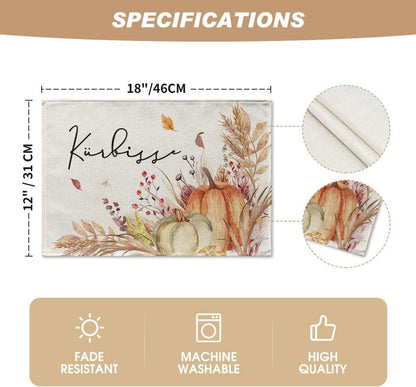 Herbst Platzsets 4er Set Kürbisse Blumen Blätter 30x45cm Tischsets