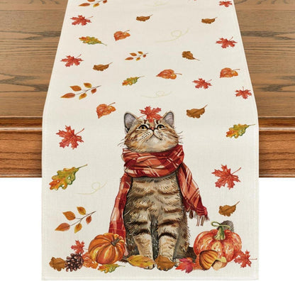 Herbst Tischläufer mit Katze und Kürbissen 40x100 cm