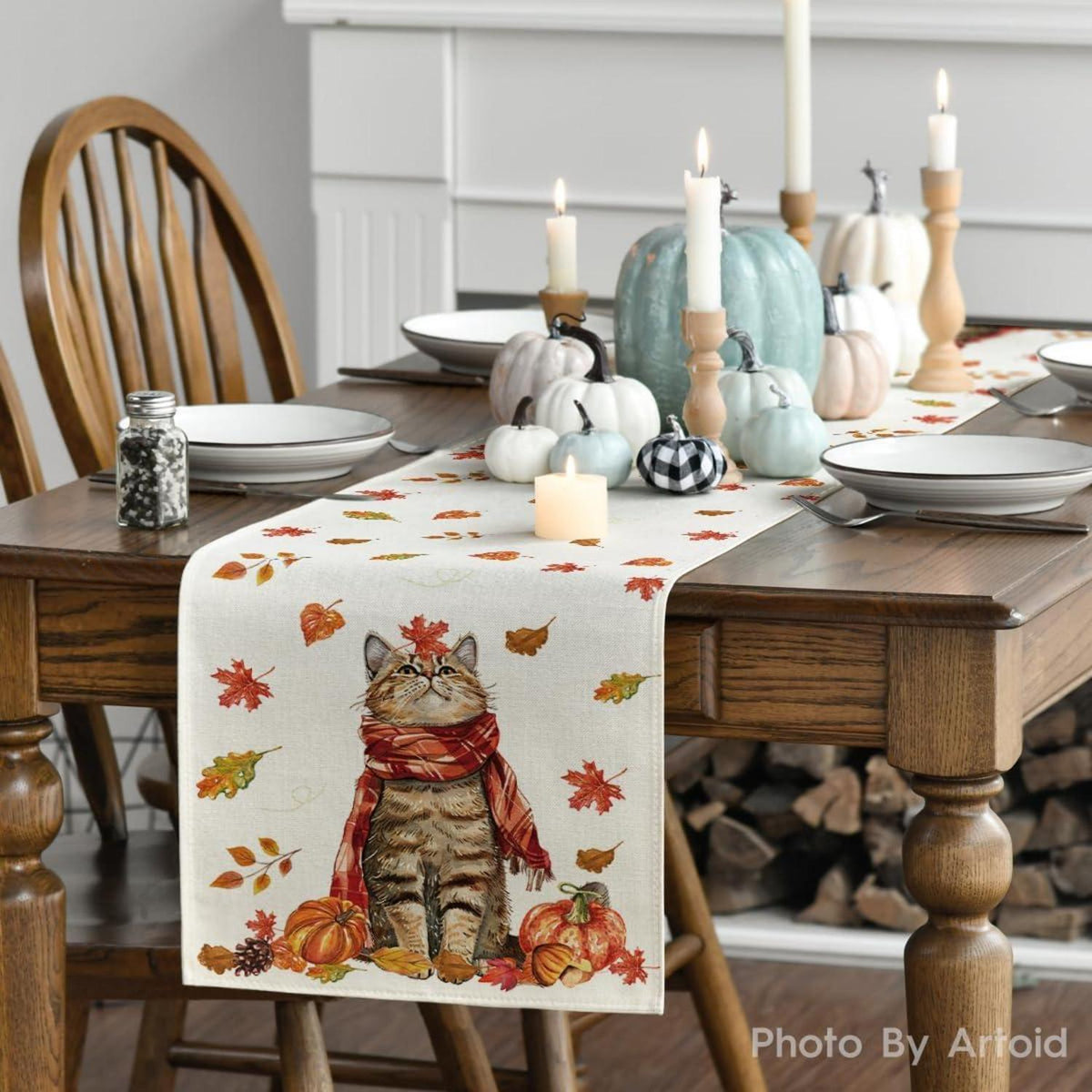 Herbst Tischläufer mit Katze und Kürbissen 40x100 cm