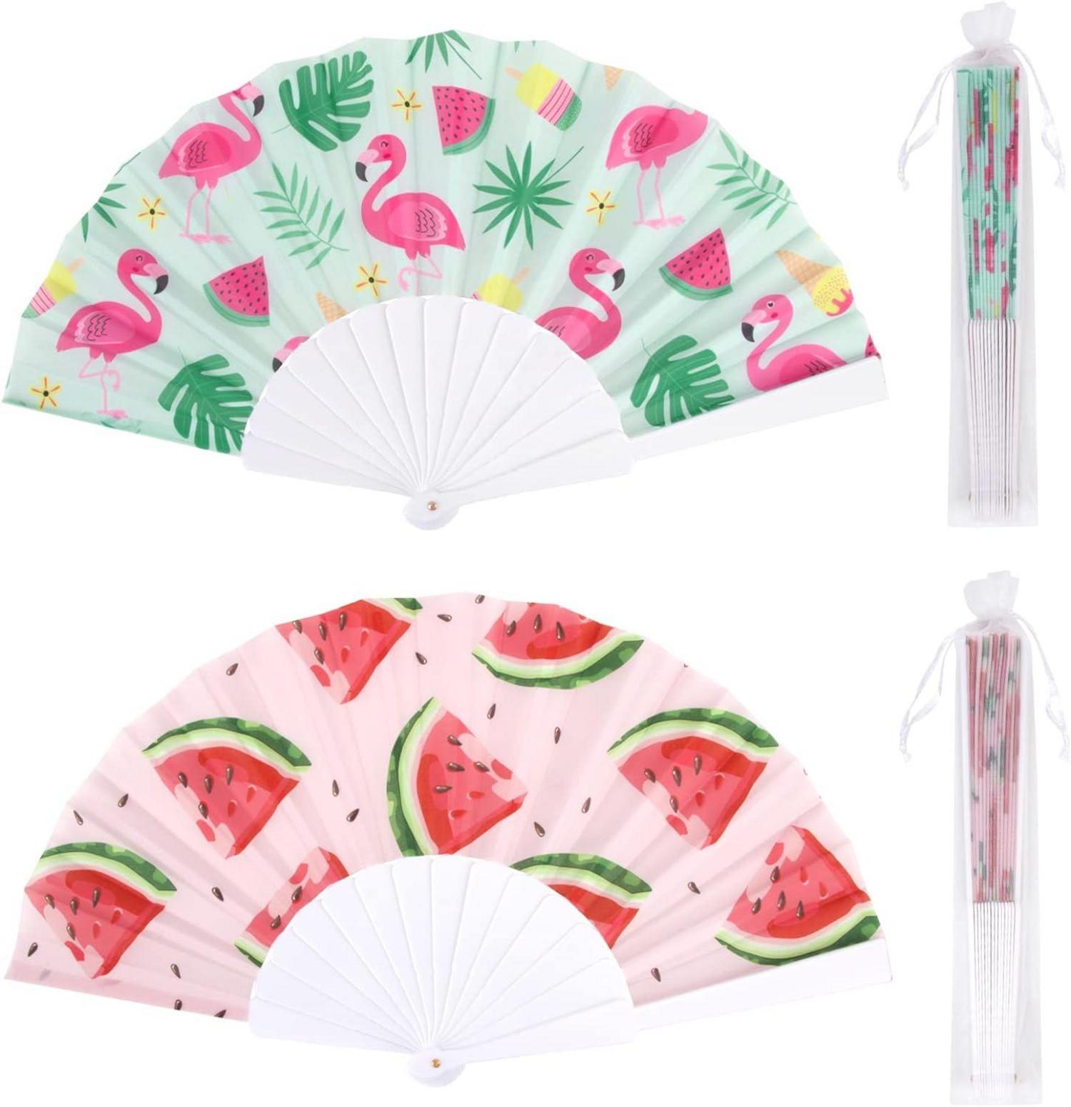 Handfächer Flamingo Wassermelone Muster Organza Hülle 2er Set