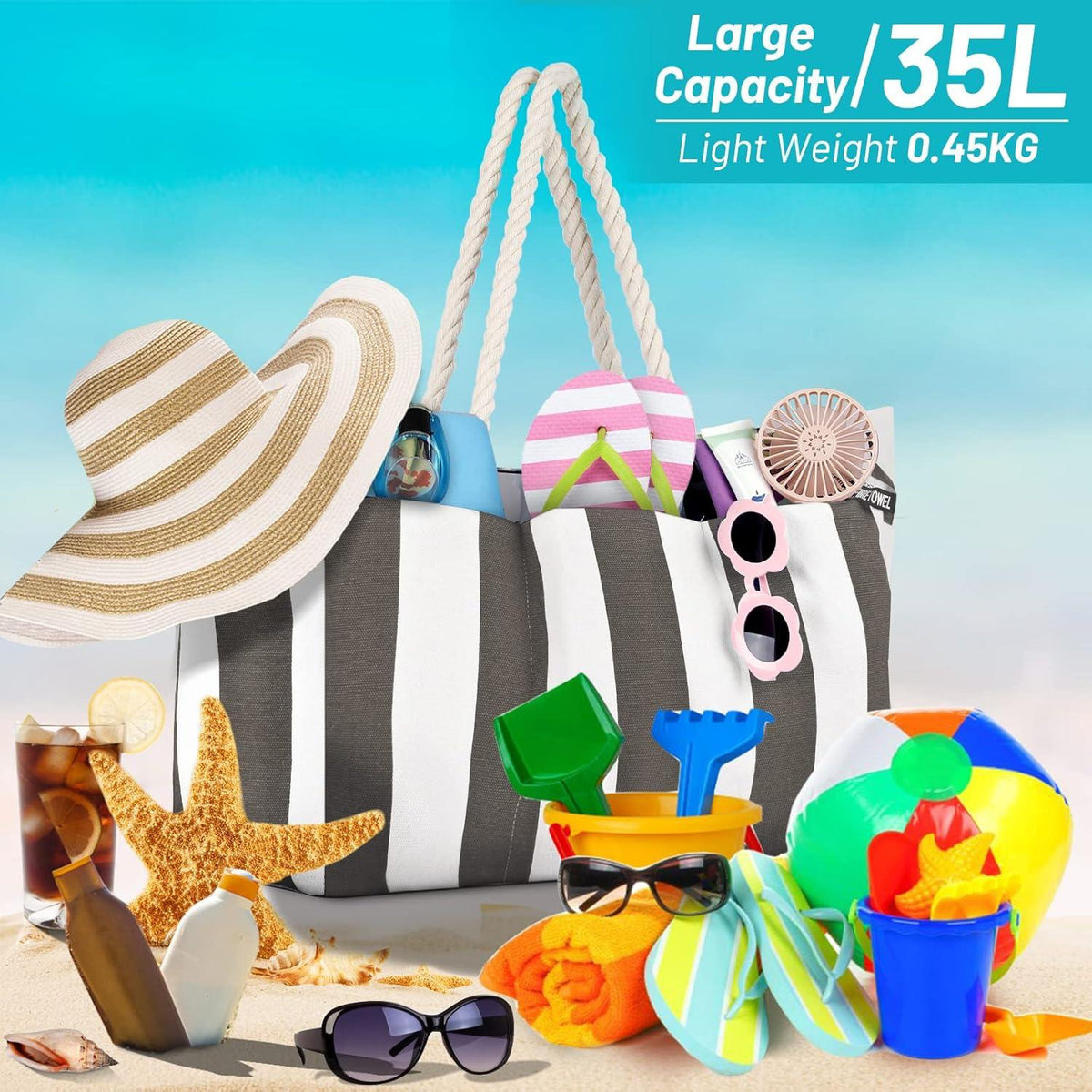 Große Strandtasche Blau/Weiß Streifen mit Reißverschluss - 35L