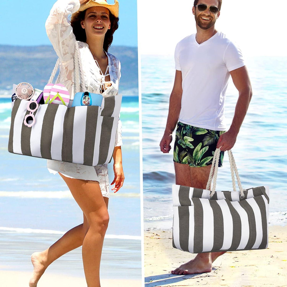 Strandtasche XXL blau-weiß gestreift mit Reißverschluss, Shopper
