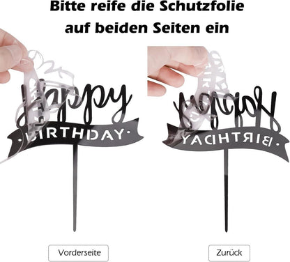 Acryl Schwarz Happy Birthday Tortendeko Set 10 Stück - Cupcake Topper, Girlande Herze Sternen Cake Topper - Mädchen, Kinder, Hochzeit, Mutter