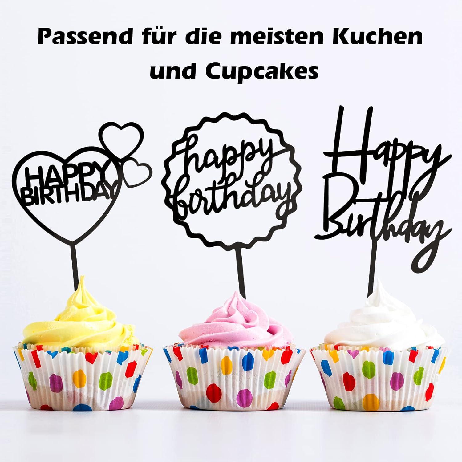 Happy Birthday Tortendeko Set Acryl Schwarz Glitter Cupcake Topper