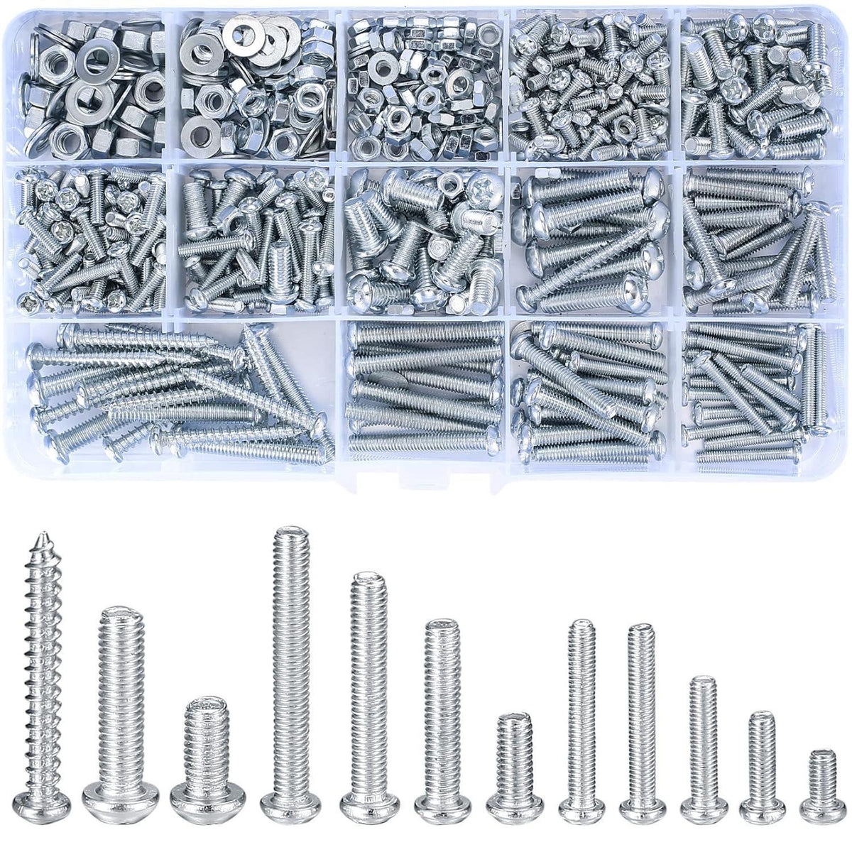 Schrauben-Set M3 M4 M5 mit Muttern & Unterlegscheiben, 550 Teile Silber