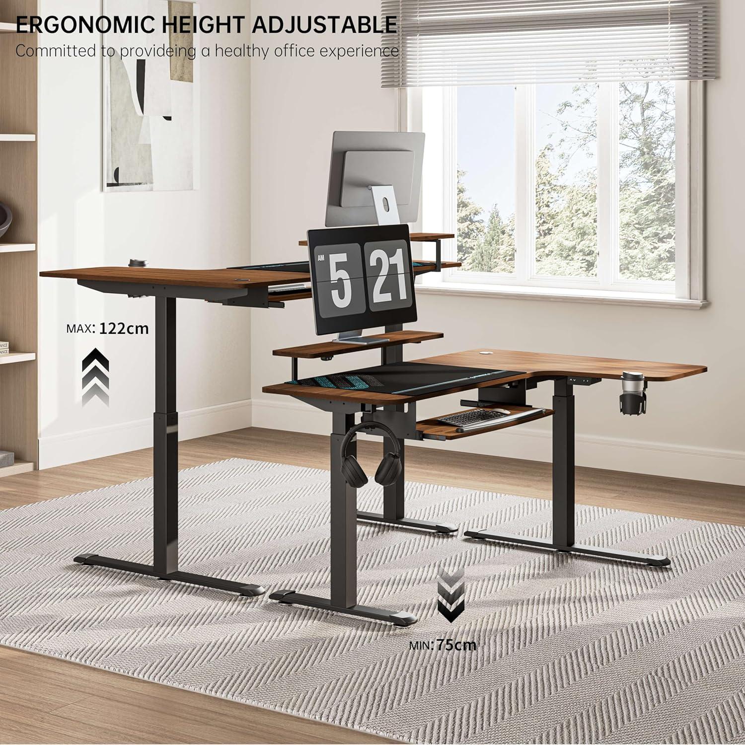 Höhenverstellbarer Schreibtisch 155x110 cm Eckschreibtisch Elektrisch L-Form LED Monitorständer