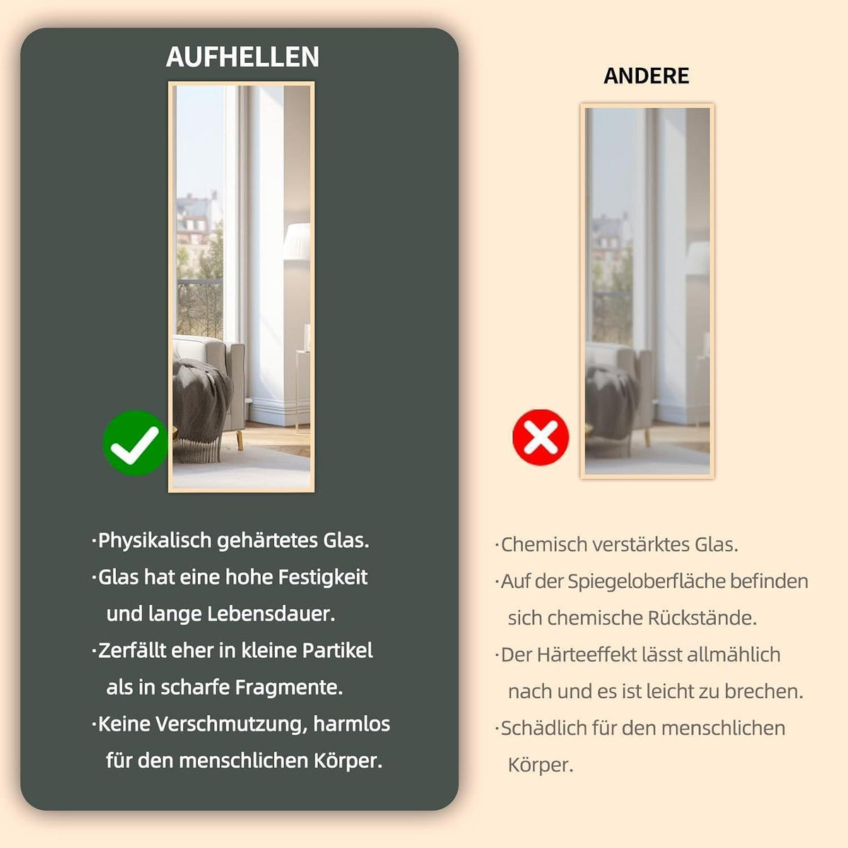 Ganzkörperspiegel Standspiegel Gold 165x60cm | Lehnbar & Wandmontage