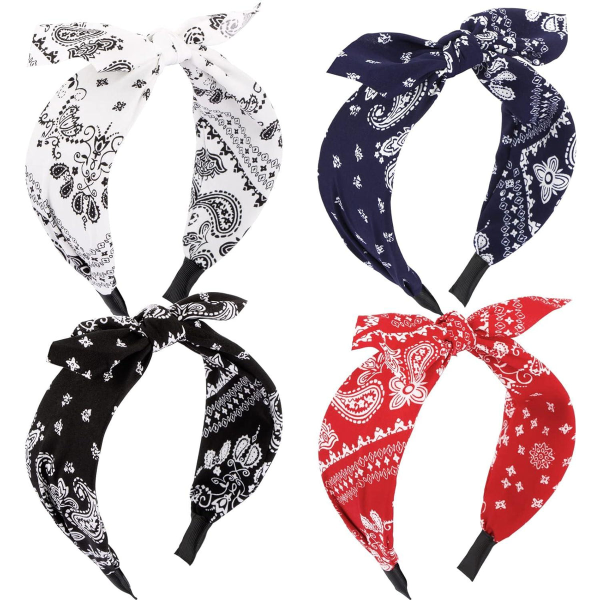 4Stk. Haarreifen Damen Stirnband Schleife Vintage Kopfband Rockabilly - Rot Schwarz Weiß Dunkelblau