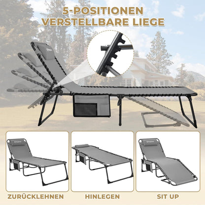 Klappbare Sonnenliege 2er Set 5-Stufig verstellbar Grau mit Kopfkissen