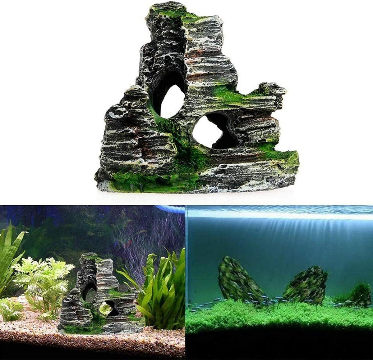 Aquarium Rock Cave Dekoration mit grünem Gras für Fische Garnelen 2 Stück