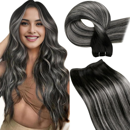 Echthaar Tressen Schwarz Balayage Silber 60cm - 100g