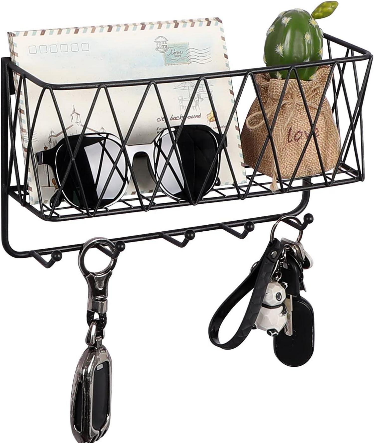 Schlüsselbrett Wand Briefhalter 5 Haken Metallgitterkorb 29×13,5×7cm