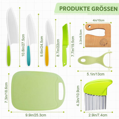 Kindermesser Set 8-teilig | Sicheres Holzmesser & Montessori Schneidewerkzeug