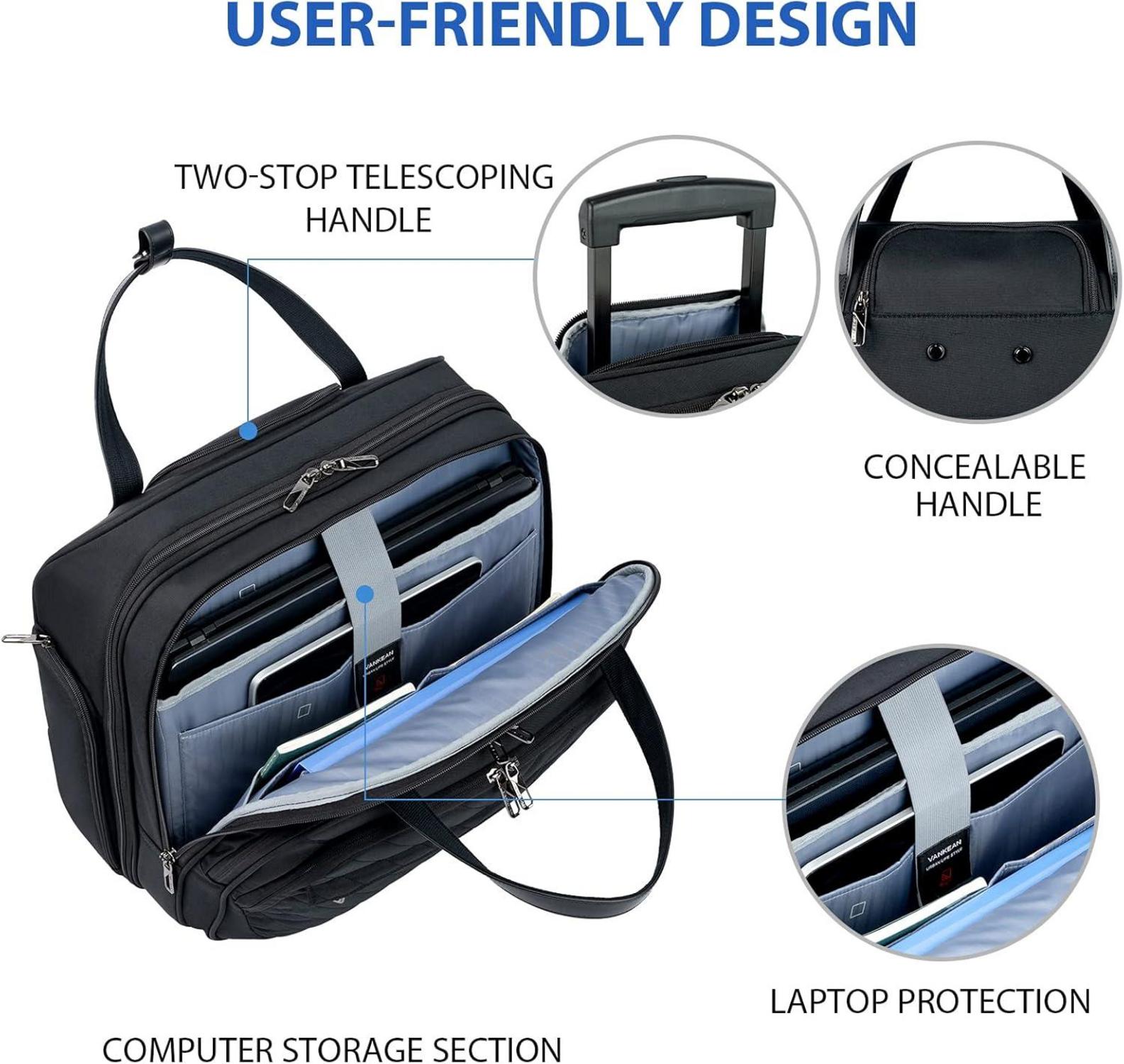 Rollende Laptoptasche Frauen mit Rädern 15,6 Zoll RFID Wasserabweisend Schwarz