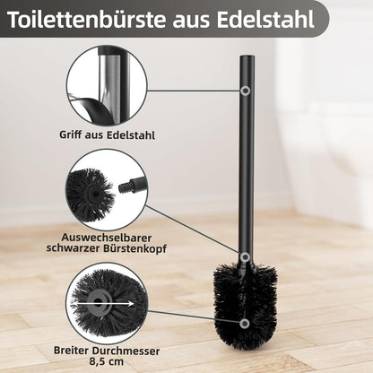 Toilettenpapierhalter mit WC-Bürste, Edelstahl, Stehend, Schwarz, Ohne Bohren