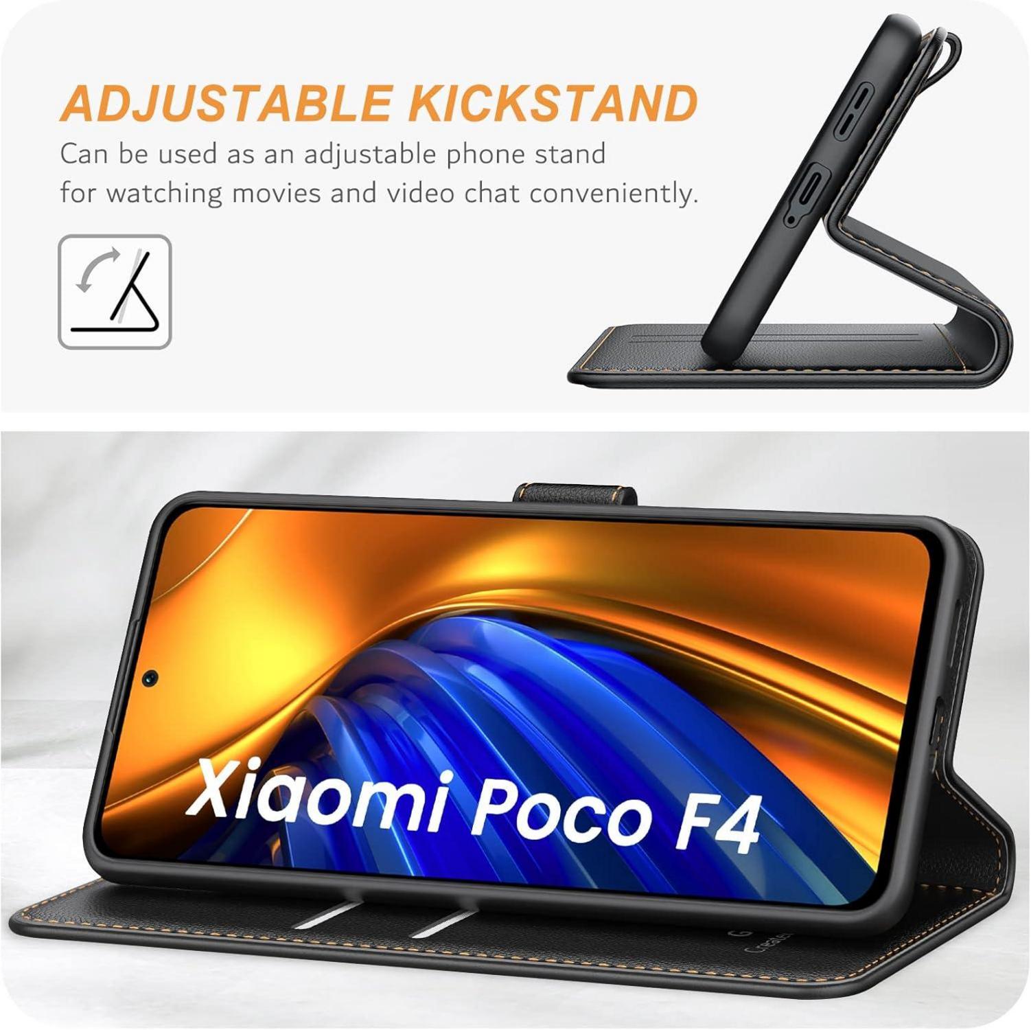 Xiaomi Poco F4 5G Handyhülle Leder Klapphülle Schwarz Standfunktion