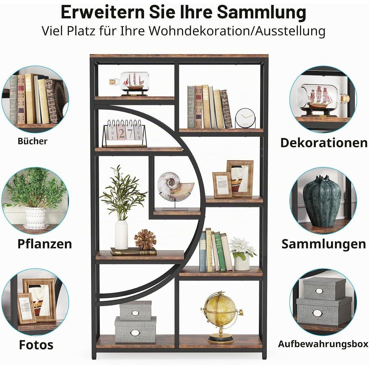 Industrielles Bücherregal 5-stöckig – Freistehendes Etagere Regal Braun