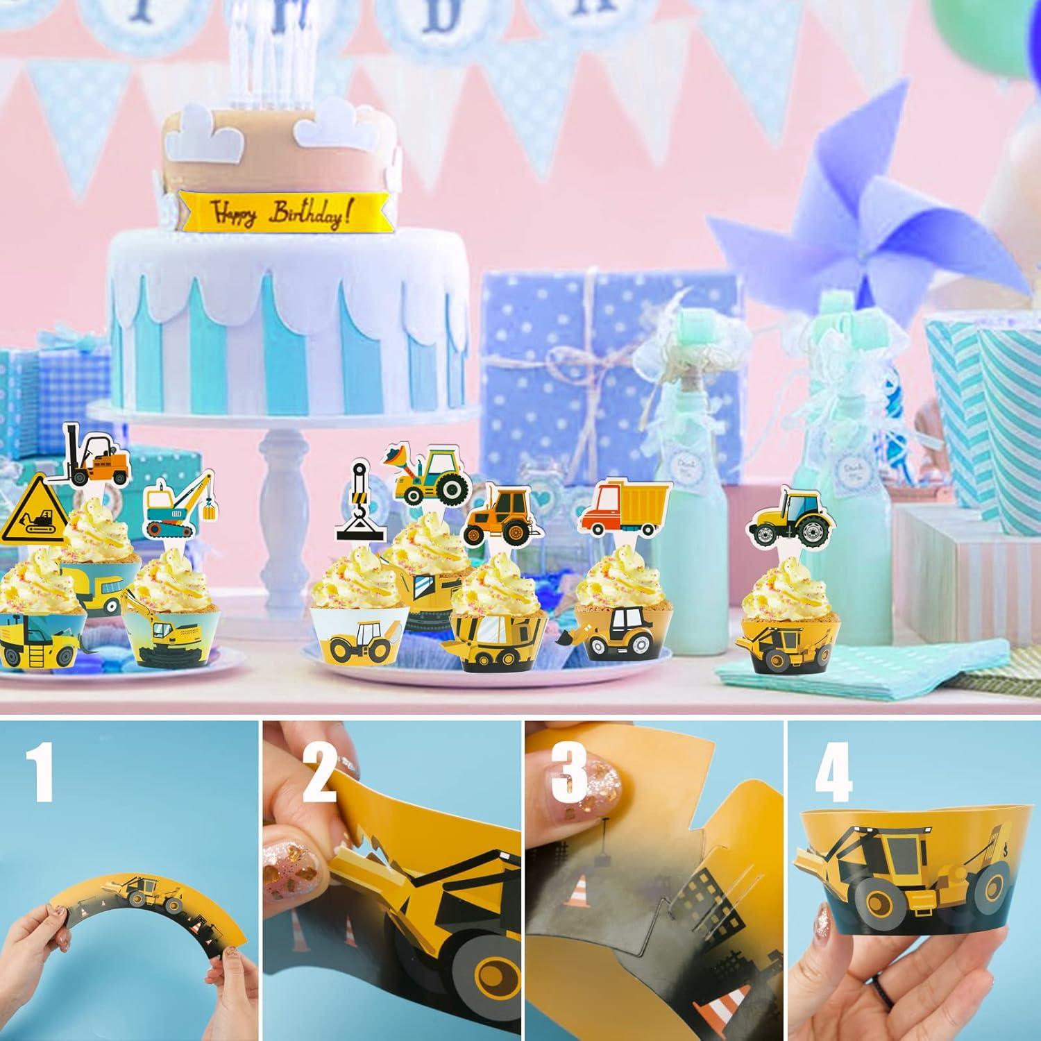 Bagger Baustellen Cake Topper und Cupcake Wrapper Set - 48 Stück