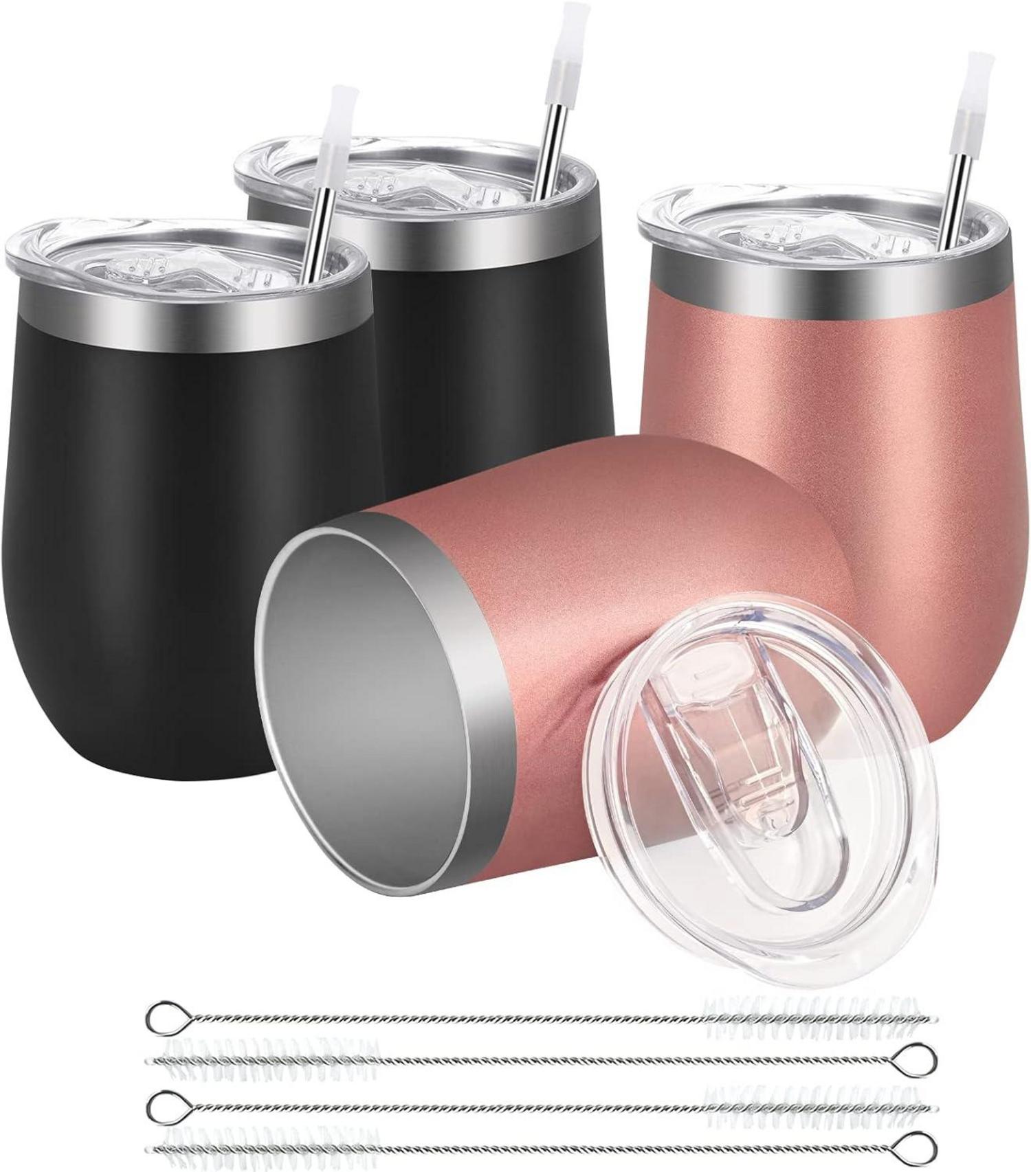 Edelstahl Weinbecher Set mit Deckel und Strohhalmen