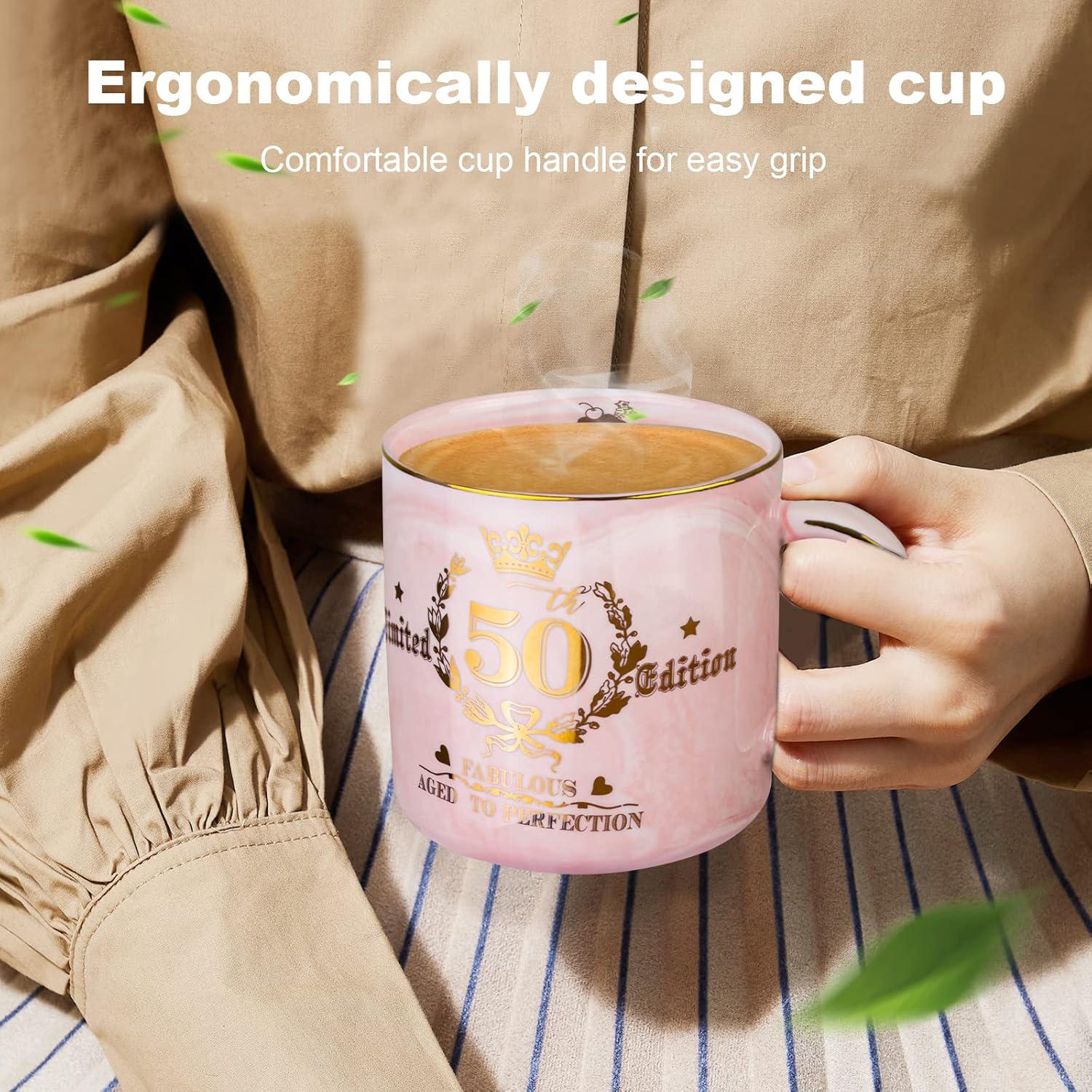 Geschenk 50. Geburtstag Frau - 400ml Marmor Kaffeetasse Gold Rosa