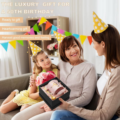 Geschenk zum 50. Geburtstag Frau - 400ml Marmor Kaffeetasse Goldmuster in Rosa