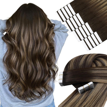 Echthaar Tape Extensions Ombre Dunkelbraun-Blond 35cm
