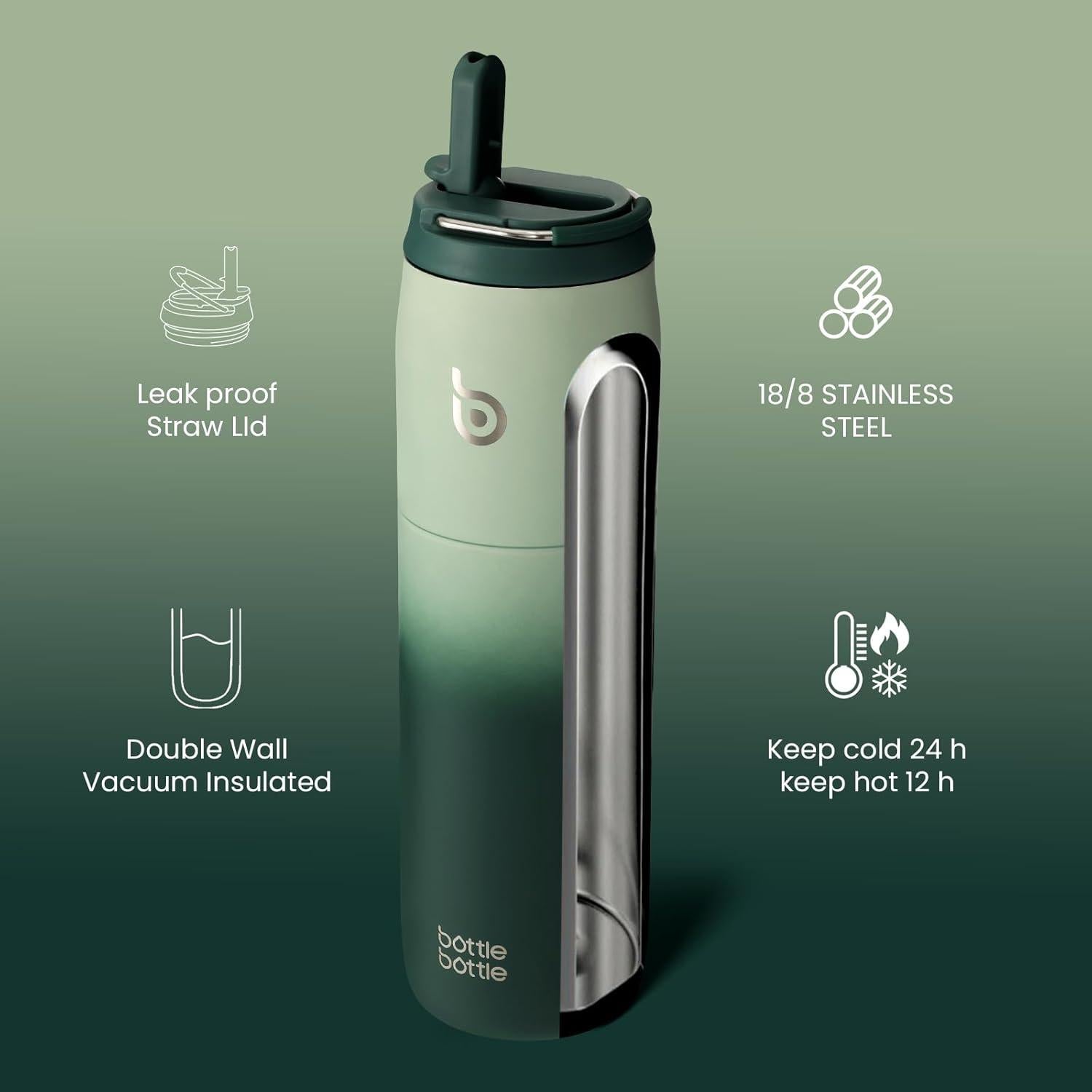 Isolierte Edelstahl Wasserflasche 32oz mit Strohhalm – Grün