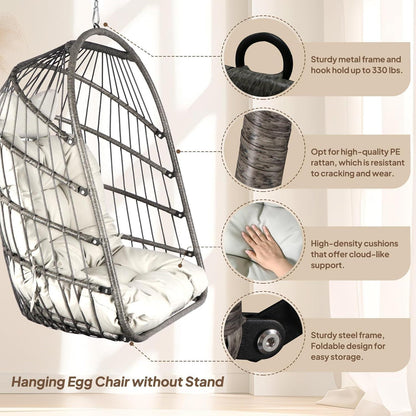 Faltbarer Rattan Hängesessel mit Kissen – Grau