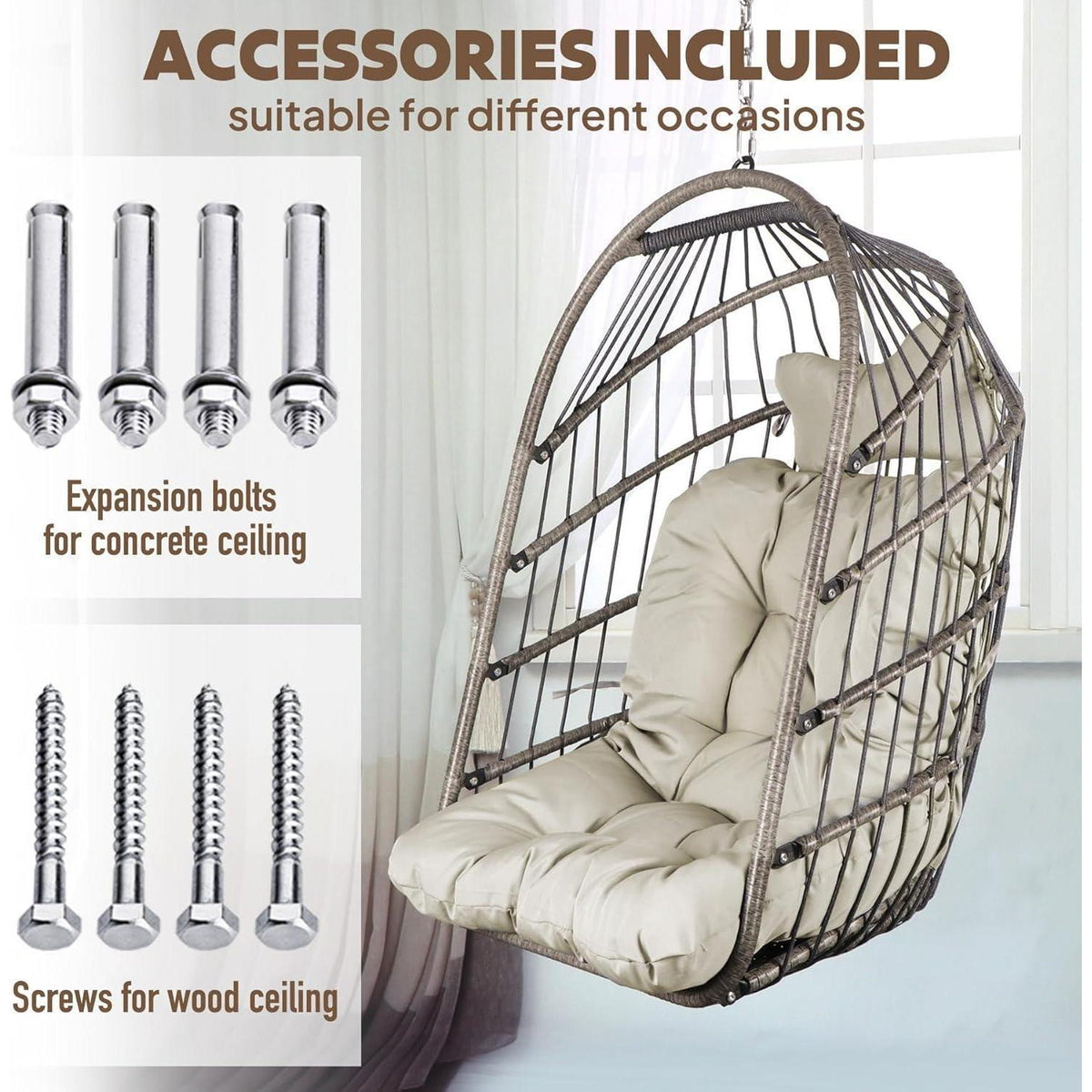 Faltbarer Rattan Hängesessel mit Kissen – Grau