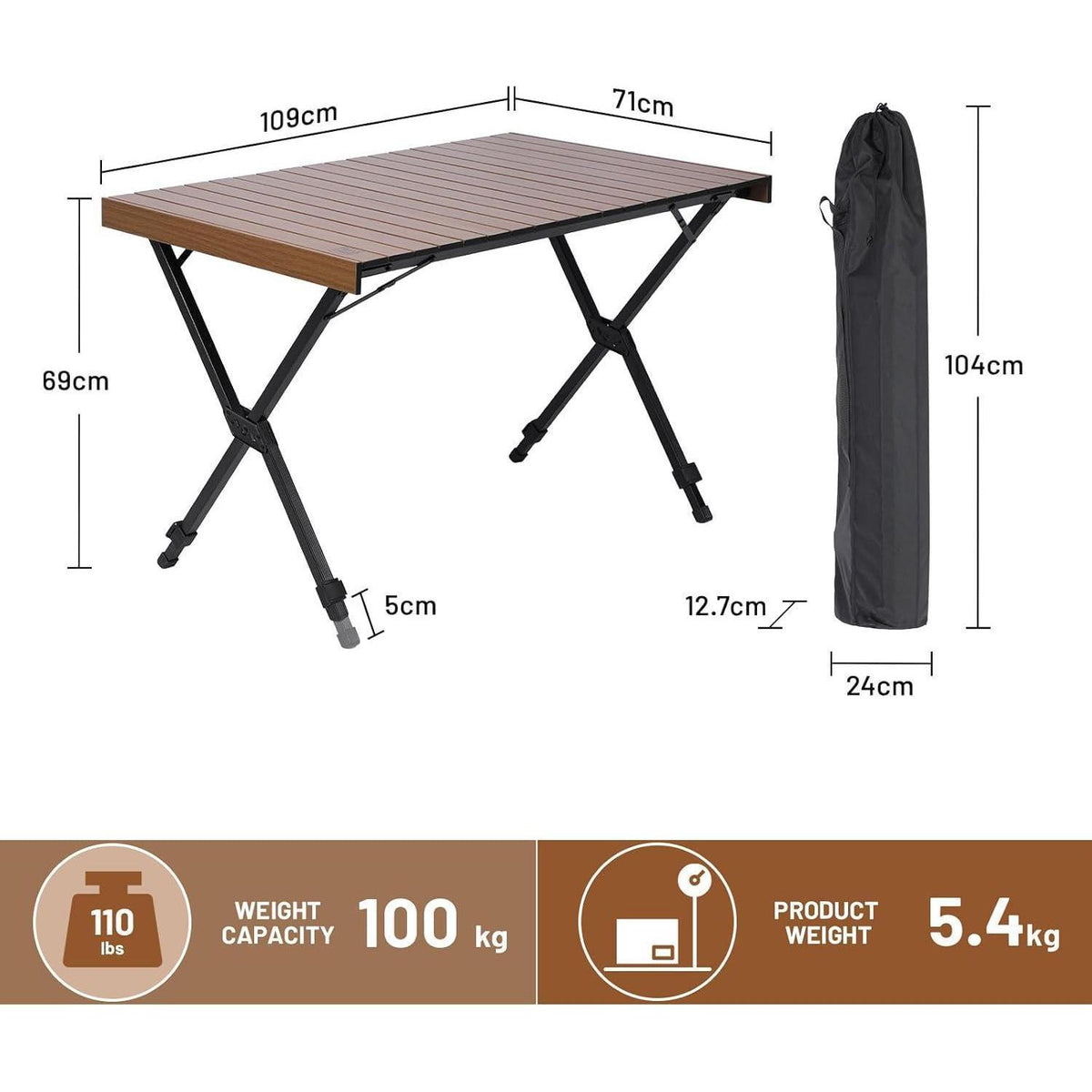 Klapptisch Camping Höhenverstellbar Aluminium 108x71cm Braun